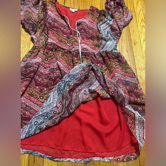 UMGEE Size L DRESS Tassel Tie Front Red Aztec Mix Print Babydoll  BOHO - Picture 10 of 11